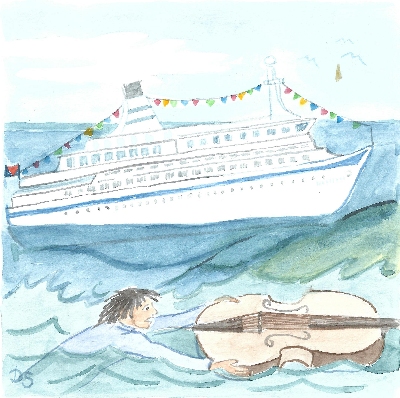 Kontrabassist hält sich im Meer an seinem Instrument treibend fest, ein Kreuzfahrtschiff fährt vorbei