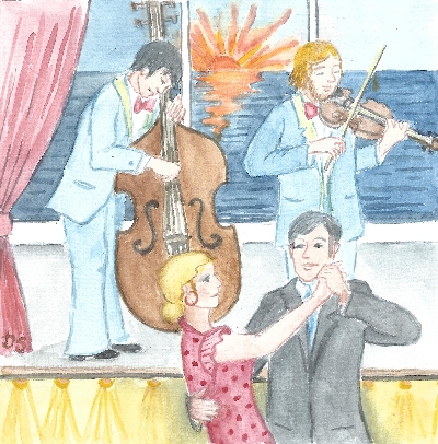 Die beiden Musiker spielen und Menschen tanzen auf einem Schiff