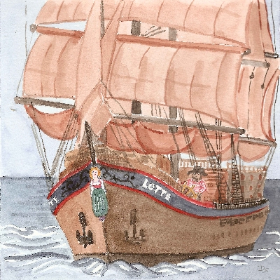 das große Segelschiff Lotte unter vollen Segeln mit Galionsfigur