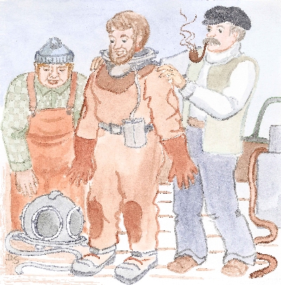 Sönke und Hauke helfen Günter seinen Taucheranzug anzuziehen